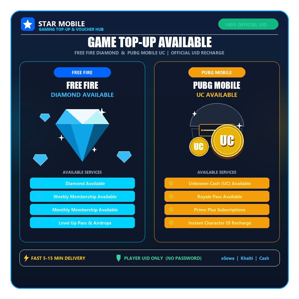 Star Mobile Gaming Hub Gaming Top-Up: Free Fire Diamond & PUBG Mobile UC, Digital Delivery